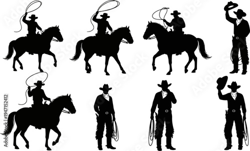 Collection of cowboy silhouettes riding horses and standing with lassos and cowboy hats