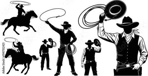 Black and white cowboy silhouettes with horses and lassos on white background