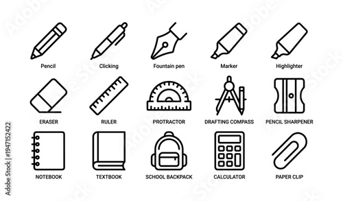 School supplies illustration featuring stationery icons for education