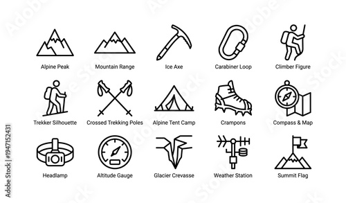 Mountaineering icons set: gear, peaks, and compass symbols for adventure