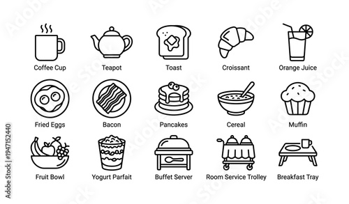 Breakfast icon set featuring coffee, pastry, eggs, and fruit bowl