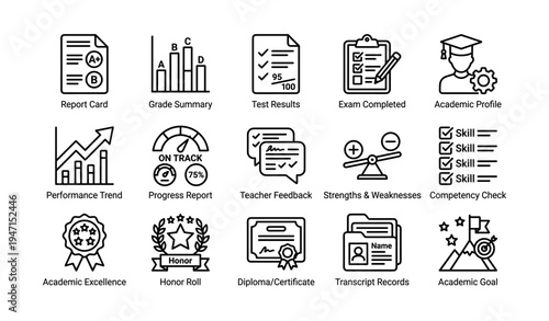 Icons depicting academic performance and evaluation metrics for student assessment