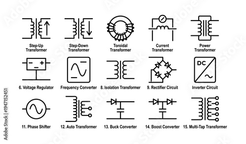 Electrical circuit symbols: transformers, converters, and regulators diagram