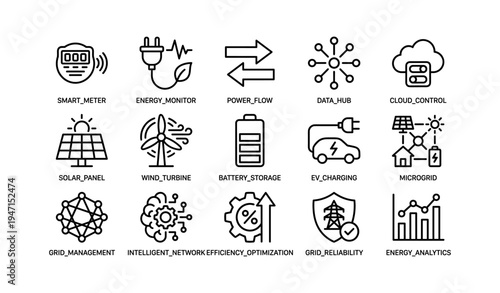 Smart energy technology icons: grid, monitoring, and renewable solutions