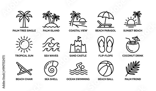 Collection of beach and summer icons: palm trees, sun, waves, and more