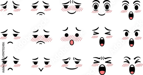Collection of various cartoon faces with different expressions on white background