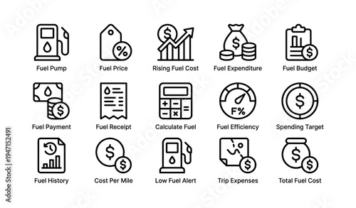 Fuel icons set depicting cost, efficiency, and expenditure in simple black and white design
