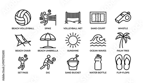 Beach essentials icons: volleyball, sunshine, ocean waves, palm tree, beach umbrella