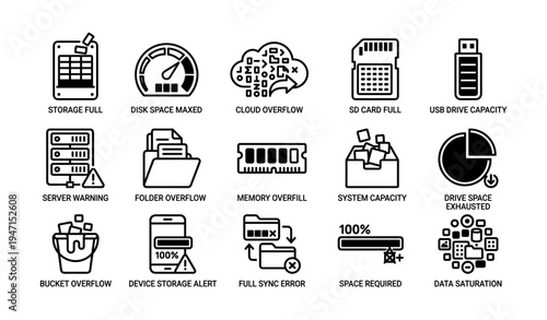 Technology icons representing storage and capacity issues