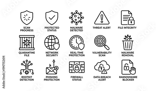 Cybersecurity icons set with virus, shield, and lock symbols for safety alerts