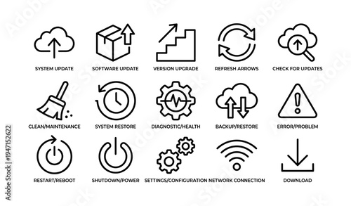 Technology icons set: update, maintenance, network connection, download, error alerts