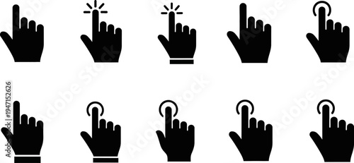 set of black hand icons pointing and clicking on a screen with different cursor symbols