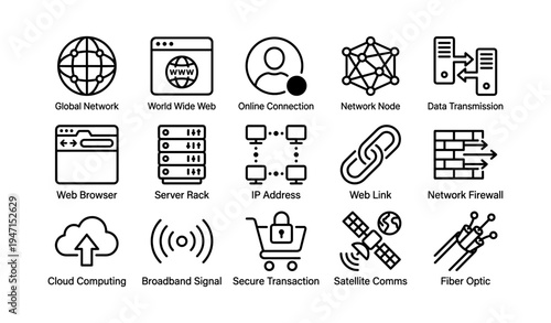 Network icons collection: global, online, data, security, communication symbols