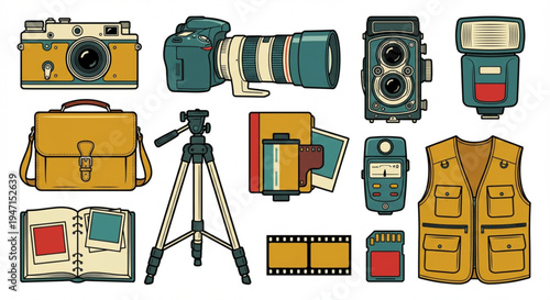 Collection of vintage and modern photography equipment and accessories for professional and hobbyist photographers