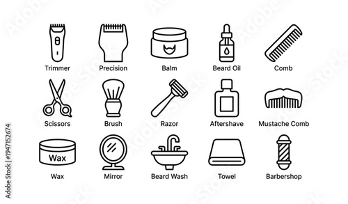 Barbershop grooming essentials icons: trimmer, scissors, razor, beard oil, comb