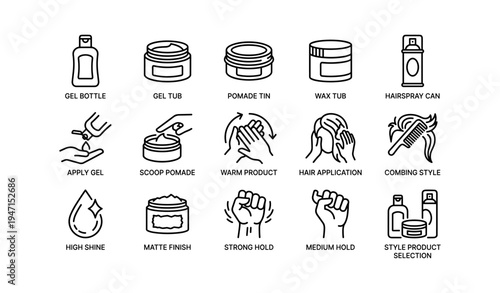 Haircare icons: gel, pomade, wax, hairspray application and styling