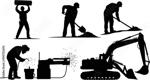 construction workers and heavy machinery silhouettes on white background for design elements