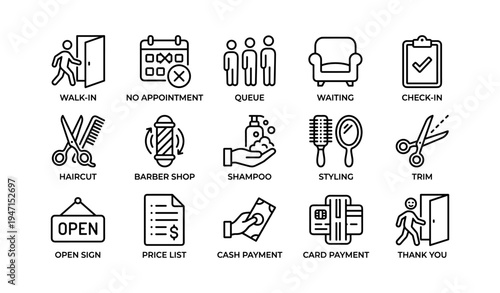 Barber shop icons: walk-in, appointment, queue, services, payments