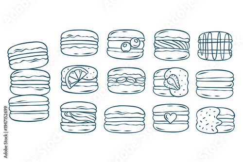 Big vector set, an assortment of macaroons, French pastries in doodle and sketch style with Mediterranean blue lines. hand-drawn for bakery branding and menus