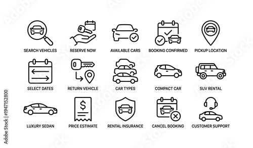 Car rental icons collection: search, booking, pickup, and assistance
