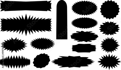 Collection of black comic book style explosion and speech bubbles on white background