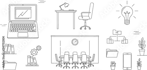 Office workspace and business meeting outline icon set with laptop, desk chair, conference room, folders, bookshelf and light bulb idea vector illustration