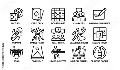Party game icons: dice, cards, board, karaoke, trivia, scavenger hunt, escape room