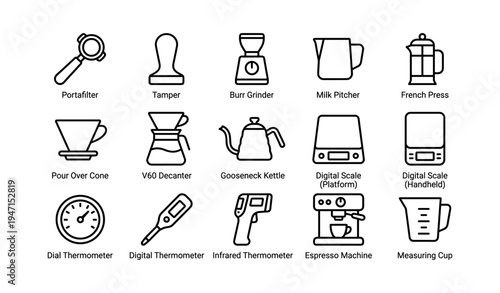 Coffee brewing equipment icons featuring grinders, kettles, and presses