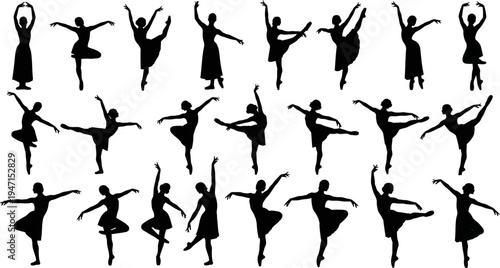 collection of ballet dancer poses silhouettes on white background for design
