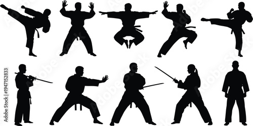 Black vector silhouette set of martial arts athletes performing karate kicks and samurai sword fighting poses on white background,