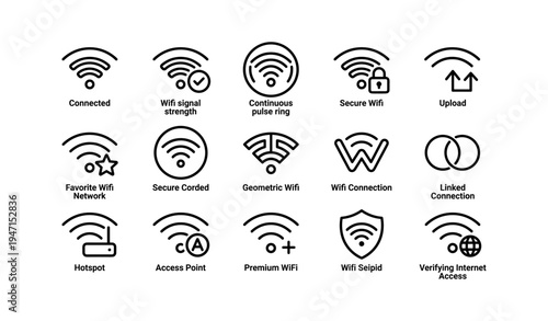 Set of sixteen wifi icons representing various internet connectivity features