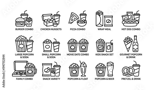Fast food combo icons: burgers, pizza, snacks, drinks for cinema
