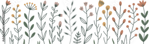 whimsical floral pattern with colorful flowers and leaves on white background for design