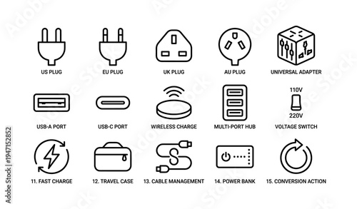 Various international plugs and charging accessories icons set