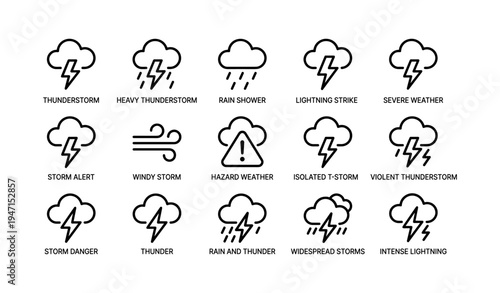 Weather icons: thunderstorm, rain, lightning, storm warning symbols collection