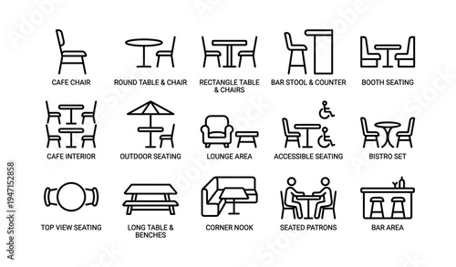 Various seating and table icons for different dining environments