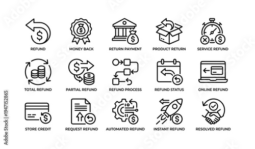 Refund icons set: money back, product return, and financial process symbols