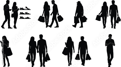 Black vector silhouette set of people carrying shopping bags and looking at shoes in a store on white background,