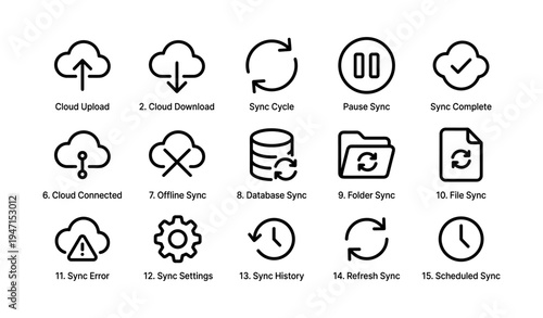 Cloud and sync icons for file management and data transfer