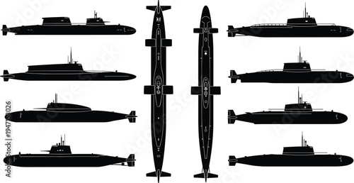 Black vector silhouette set of various modern and historical submarine designs from side and top views isolated on white background,