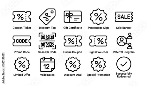 Coupon icons set: discount, gift certificate, qr code, sale promotion, voucher