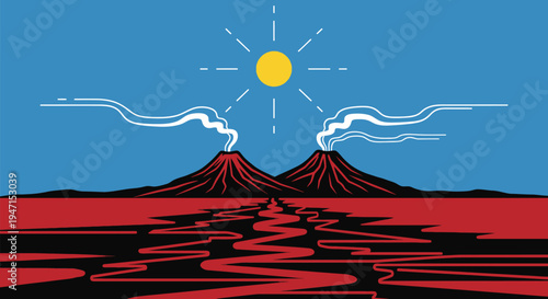 Stylized Volcanic Landscape with Smoking Twin Peaks under a Bright Sun