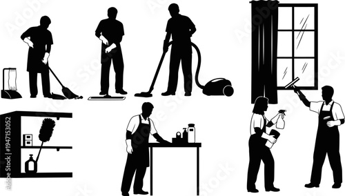 Silhouette of various people engaged in cleaning activities with tools and equipment