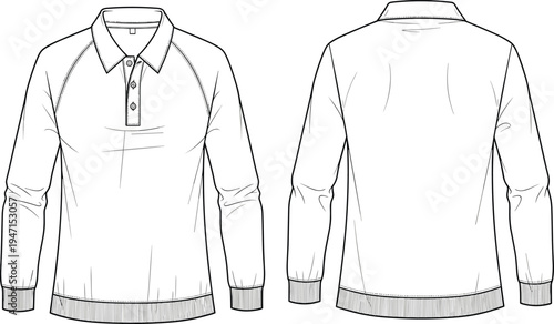 White vector technical sketch of long sleeve polo shirt front and back views isolated on white background for fashion design,