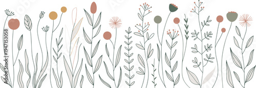 Minimalist floral pattern with colorful flowers and leaves on white background for design and decoration