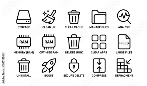 Device optimization icons: storage, cleanup, security, performance enhancements