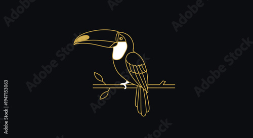 Elegant Golden Toucan Line Art Perched on Branch Minimalist Illustration