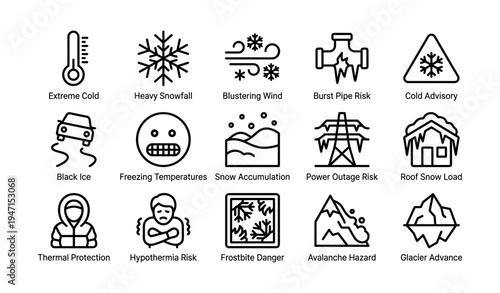 Weather advisory icons for extreme cold and winter hazards