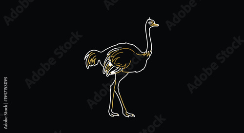 Elegant Ostrich Outline Illustration with Luminous Golden Details on Dark Backdrop