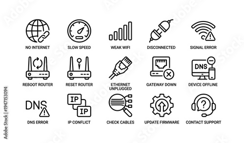 Common network connectivity issues and solutions icons